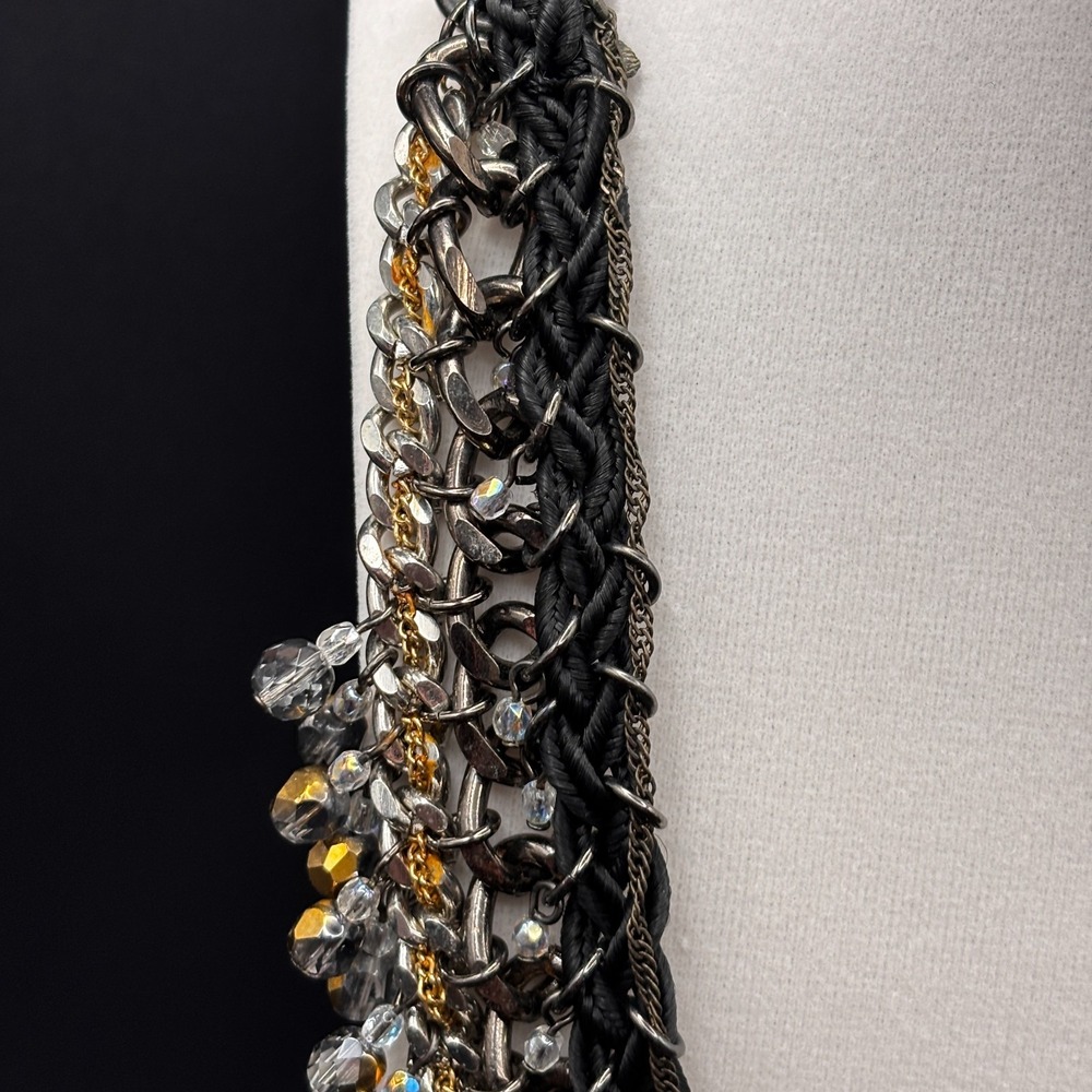 Vintage Y2K Black Cord Chain Dangle Beaded Statement Necklace Mixed Metal Boho - Picture 9 of 12